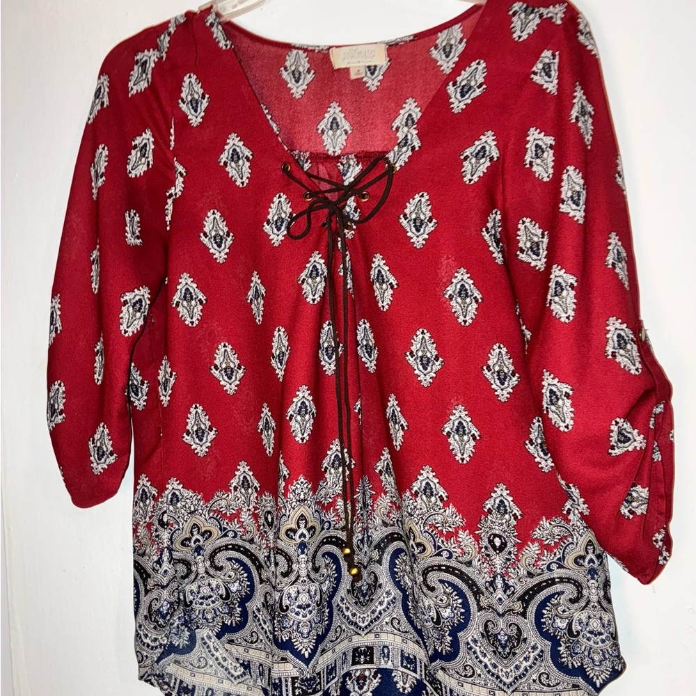 Chic Red Patterned Women's Blouse
